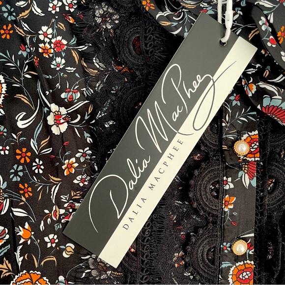 Dalia Macphee Satin Pleated Midi Floral Dress Lace Details  Tie Neck Long Sleeve - Picture 9 of 13